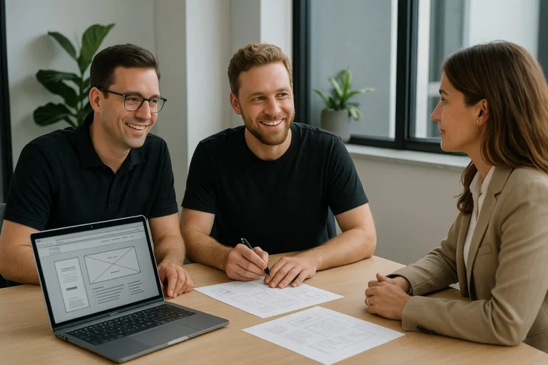 Webdesigner en copywriter bespreken websiteplan met mkb-klant