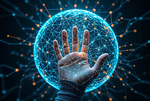 Menselijke hand met digitaal netwerk en lichtpunten als symbool voor de interactie tussen mens en technologie in AI-gedreven copywriting