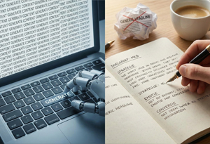 Contrast tussen AI-gegenereerde content door robot en strategische teksten geschreven door menselijke copywriter voor MKB