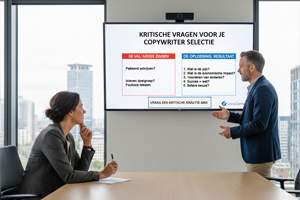 Strategische copywriter. Partners bespreken kritische vragen over ROI en resultaat.