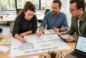 Professionals werken aan een strategie voor een nieuwe website op een groot vel papier met de tekst 'Eén pagina, één doel' en kernvragen over de ideale klant.