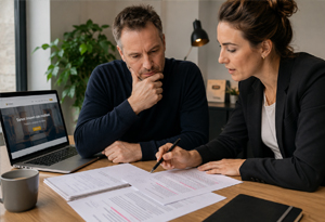 Ondernemer laat zijn webteksten beoordelen door een copywriter voor betere vindbaarheid en meer conversies.