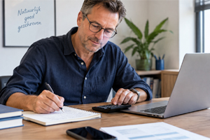 Tekstschrijver aan het werk op laptop met offerte en calculator | Wat kost een tekstschrijver in 2026